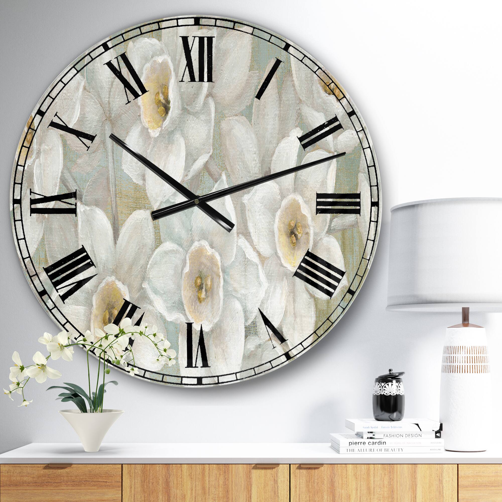 Designart 'Pure Pastel White Flowers Traditional Wall Clock